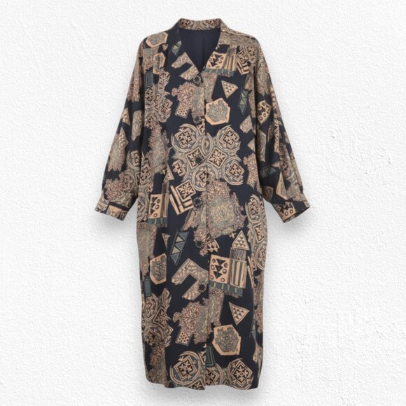 Vintage Dresses & Skirts - Vintage 1980s John Roberts Black Tan Oversized Abstract Print Dress Size Large